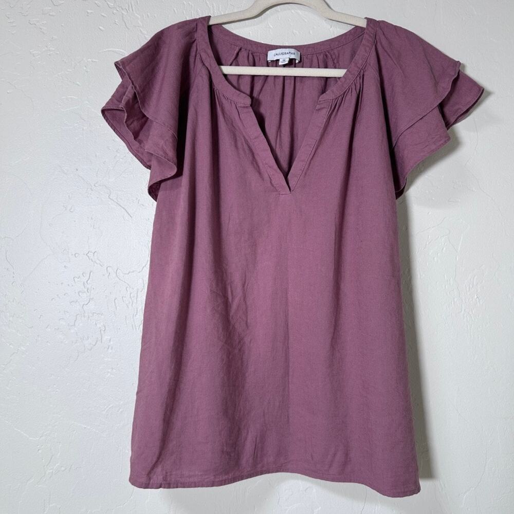 Linen Blend Flutter Sleeve Blouse Dusty Mauve Coastal Cottagecore Women 1X